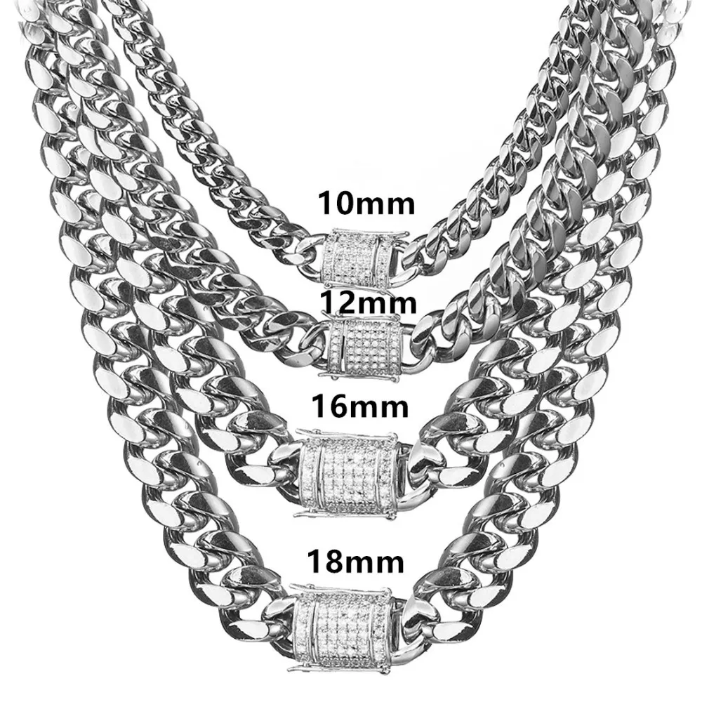 8-18 ملليمتر واسعة الفولاذ المقاوم للصدأ كوباني ميامي سلسلة القلائد تشيكوسلوفاكيا مربع الزركون قفل كبير الثقيلة الهيب هوب المجوهرات