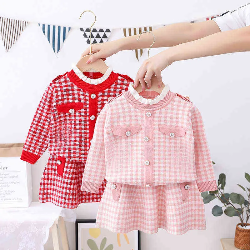 Chidren Clothes Girls Knitted Set 2pcs Autumn Kids Sweater suit and Skirt Birthday Party Designed School Uniform Outfits1-8 Ys G220310