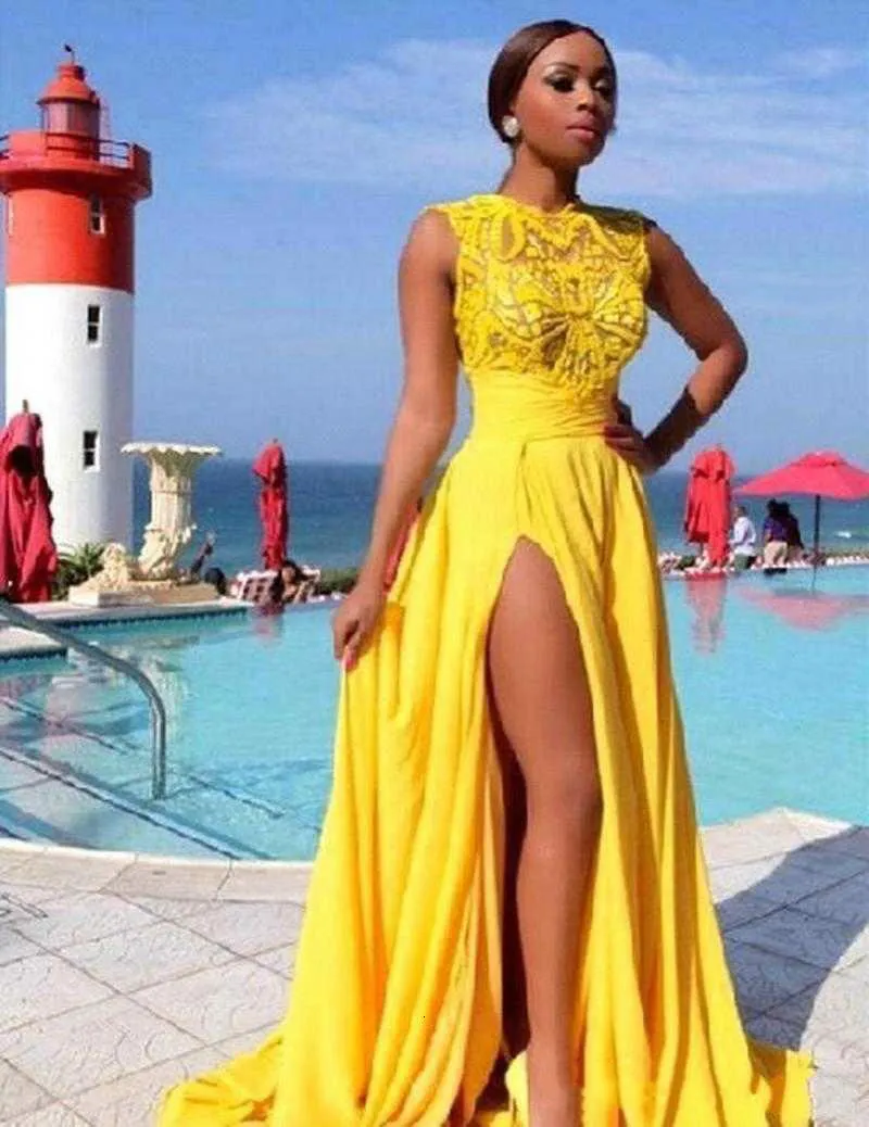 Vestidos de baile amarelos brilhantes Side Split Chiffon Lace Appliques Dubai Vestidos de Noite 2022 Sheer Sexy Party Wasses
