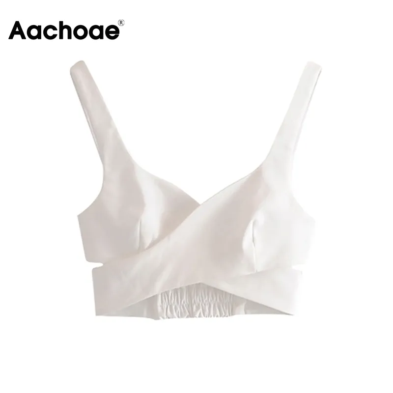 Aachoae Femmes Blanc Camisole Sexy Creux Out Stretchy Party Crop Top Été Sans Manches Dos Nu Club Wear Dames Tops Courts Y200701