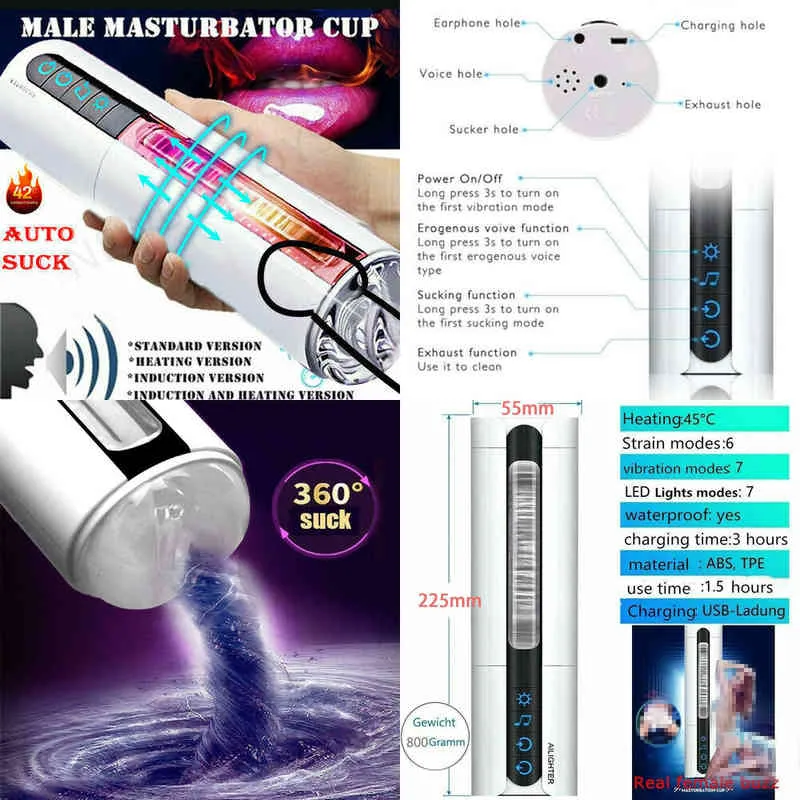 Nxy Sex Masturbadores Auto Chupando Masculino Masturbator Copo Aquecimento Rotating Pussy Stroker Stroker Stimulator Para 18+ Homens Intimate Machine 220127