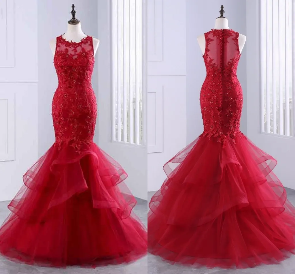 Red Lace Beaded Evening Dresses Prom Gowns Mermaid Style Tulle Ruffle Sheer Cap Sleeve Bateau Zipper Formal Dress Long Party Mom Dress