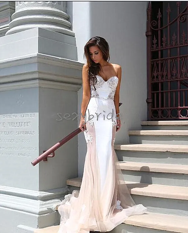 Fashion White And Champagne Mermaid Wedding Dresses Sweetheart Strapless Applique Lace Long Bridal Dress African Bride 2022 Weddin221n