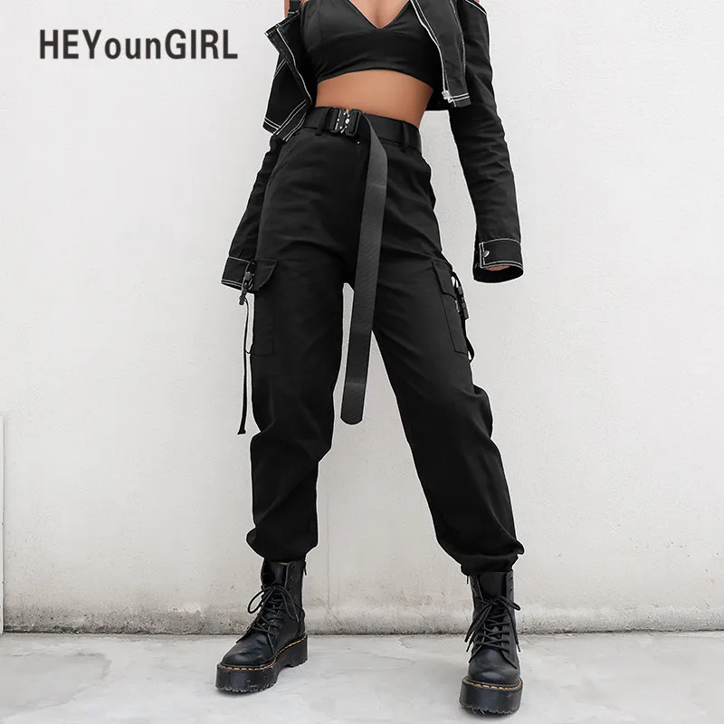 Heyoungirl Streetwear Cargo Broek Vrouwen Casual Joggers Zwarte Hoge Taille Losse Vrouwelijke Broek Koreaanse Stijl Dames Broek Capri T200319