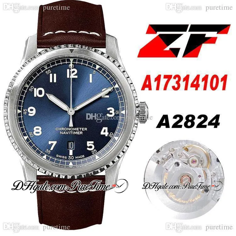 ZF 41mm A17314101 ETA A2824 Orologio automatico da uomo Cassa in acciaio Quadrante blu Indici numerici bianchi Pelle marrone con linea bianca Puretime PTBL b02