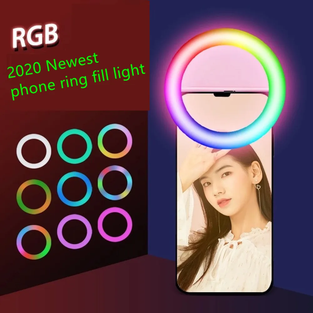 RGB LED-ring Selfie Light USB Uppladdningsbar Tilläggsbelysning Kamerafotografi AAA Batteri för smarta mobiltelefoner