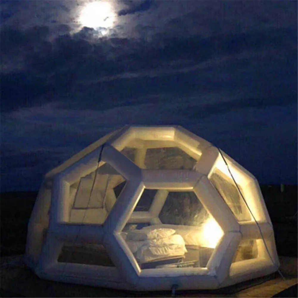 Aangepaste voetbalstructuur opblaasbare Igloo Bubble Lodge met mat transparante luxe camping hoteltent voor buiten