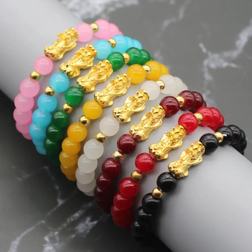 Feng Shui Bracciale in agata di pietra naturale Bracciale con perline Striscia di fili colorati Bracciale in oro Pixiu Charm Bracciali di energia fortunata Donne Ricchezza Regali per uomo 9 colori