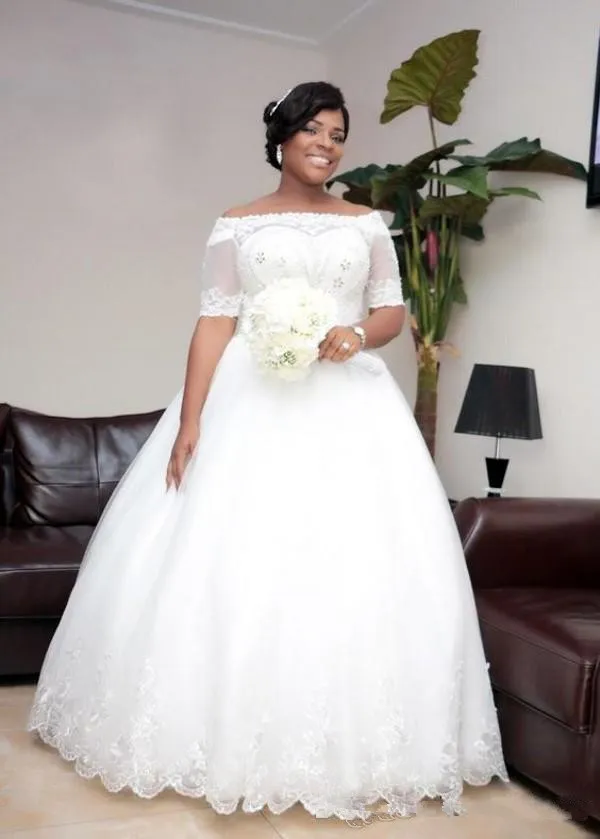 Elegant African Wedding Dress With Short Sleeves Off The Shoulder Bodice A Line Ball Gown Lace Up Closure White Tulle Floor Length Bridal Gown Plus Size From Nickdresses 178.9 DHgate.Com