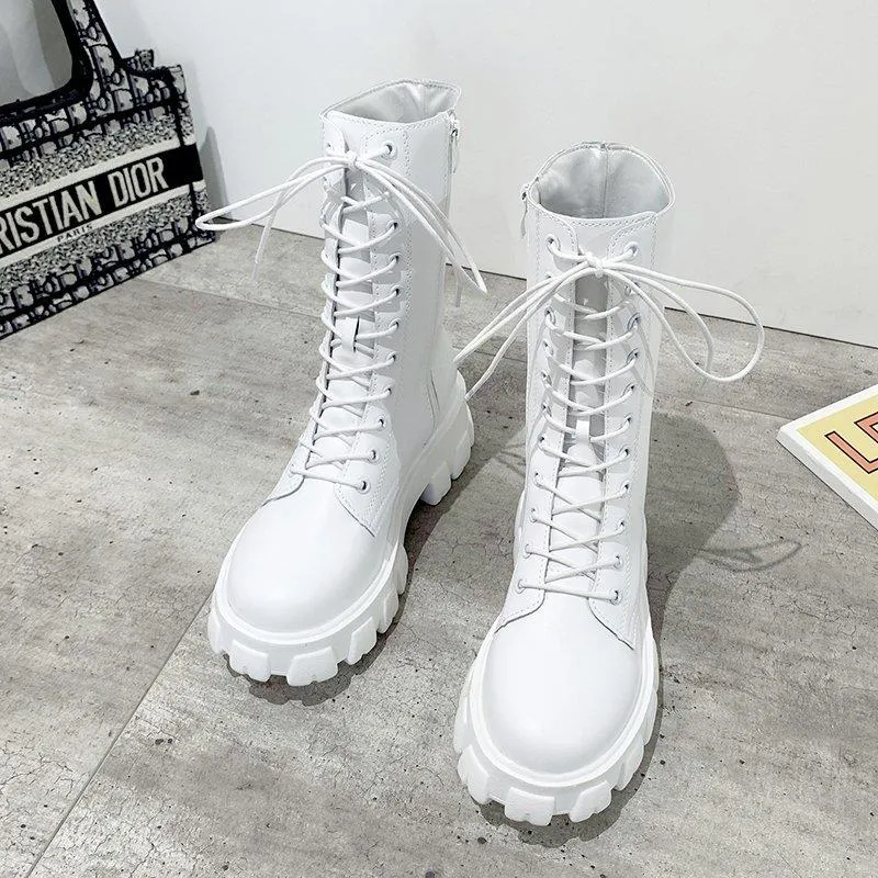 Botas Mulheres Branco Alta Plataforma Gótico Sapatos Feminino Combate 2021 Outono Moda Couro Preto Meados de Couro