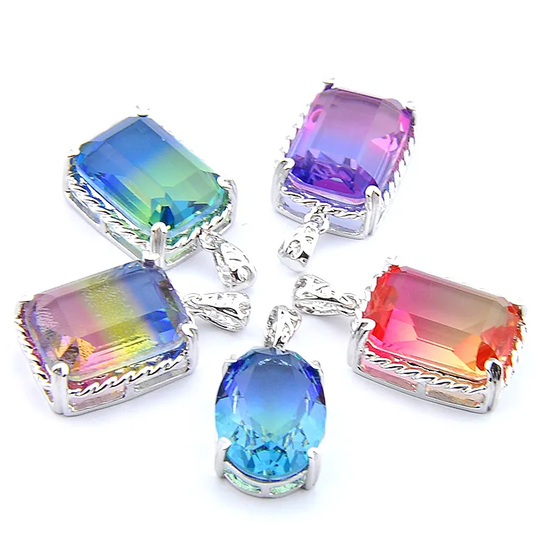 Mix 5 pcs Rainbow novo Luckyshine 925 Sterling prata multi-colorido bi-colorido rosa turmalina pedras preciosas colares pingentes para lady festa presente