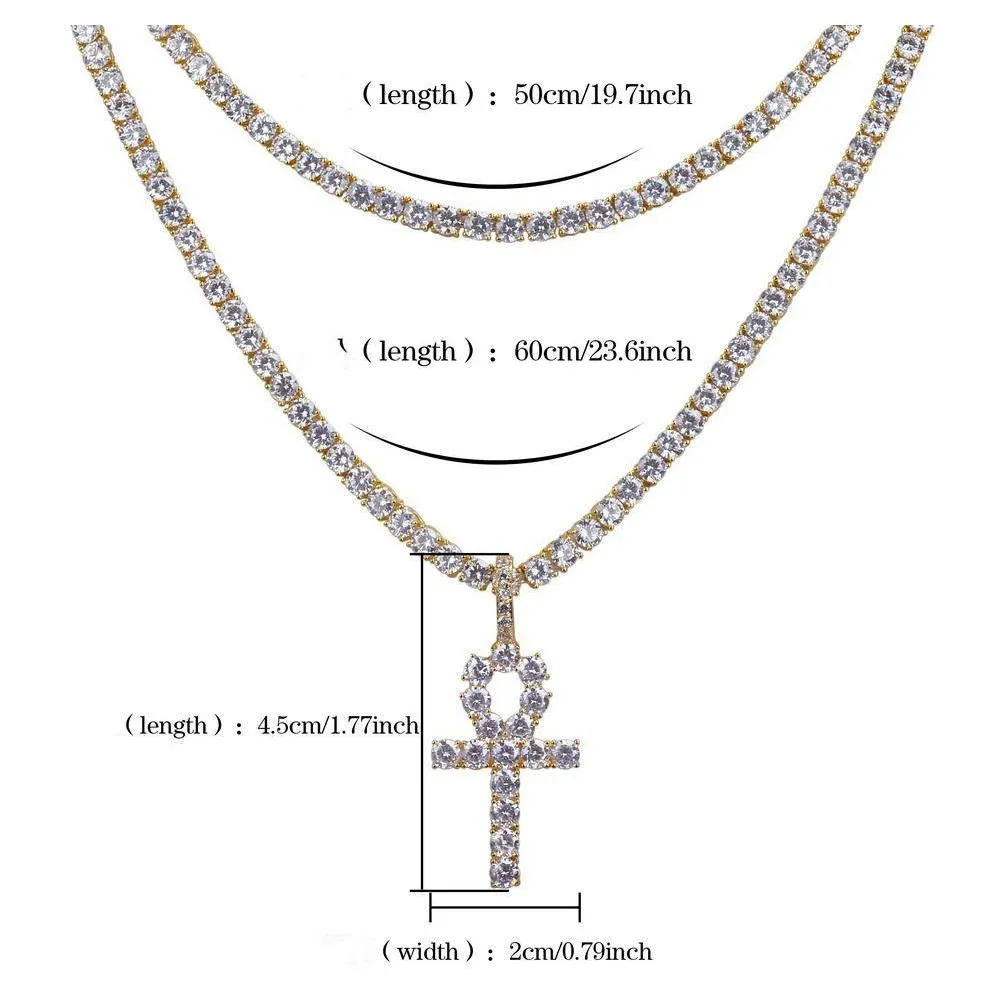 hip hop iced out ankh cross pendant necklace 4mm tennis chain micro pave cz stones gold chains for men