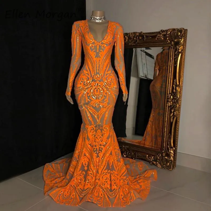 Orange Pailletten-Applikations-Abendkleider, echtes Bild, lange Ärmel, glitzerndes afrikanisches Aso Ebi-Fischschwanz-Meerjungfrau-Abschlussballkleid