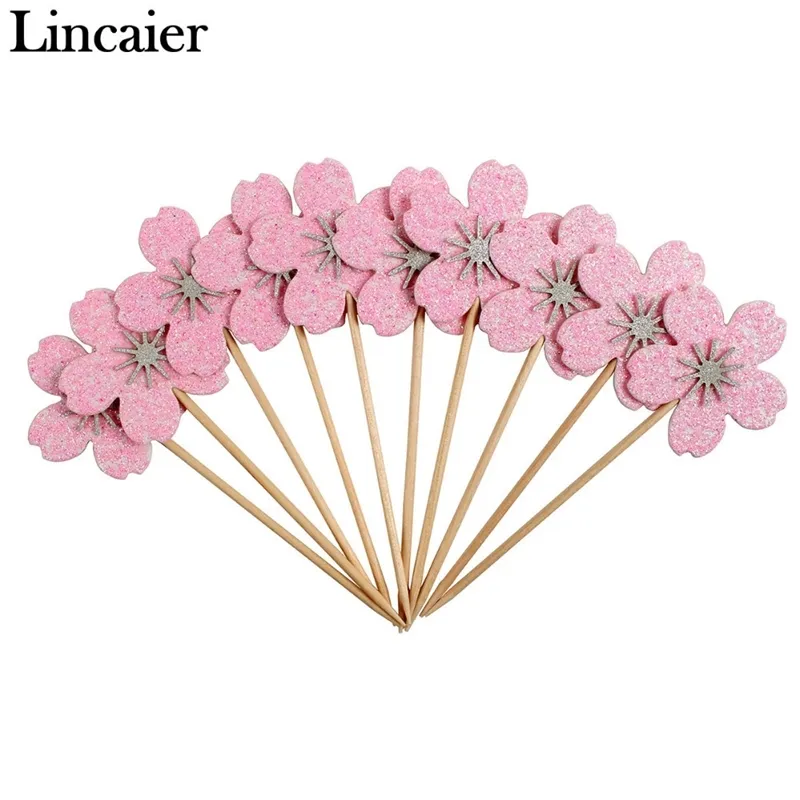 Lincaier 10 pcs cor-de-rosa flores de cerejeira cupcake toppers menina decorações festa de aniversário crianças sakura bolo suprimentos acessórios flor y200618