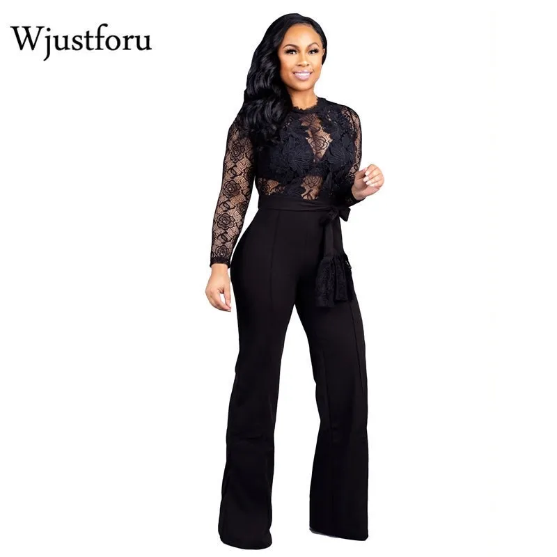 Wjustforu Noir Élégant Dentelle Jambe Large Jumpsuit Femmes Mode Évider Sexy Jumpsuit Robe À Manches Longues Casualo Jumpsuit Slim T200509