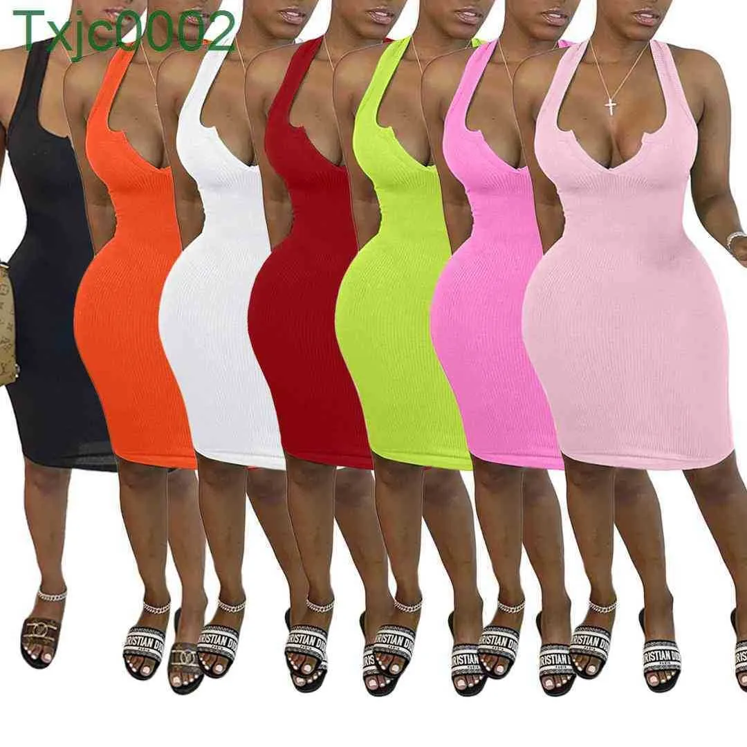 2022 동향 섹시 민소매 여성 캐주얼 드레스 패션 솔리드 컬러 깊은 V 목 슬림 바디 콘 연필 드레스 디자이너 Clubwear