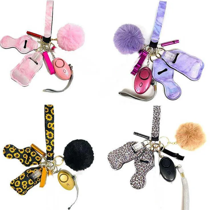 23 Cores 8 pcs Defesa Chaveiro Conjunto de Alarme Pompom Chaveiros Mão Sanitizer Pulso Strap Batom Keychains Garrafa Openador Abridor Para Mulher Homens