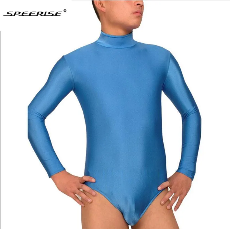 Adult Spandex Lycra Mock Neck Leotard Mens Long Sleeve Short Unitard Bodysuit Dance Costumes Men Zipper Back Body Suit Dancewear288t