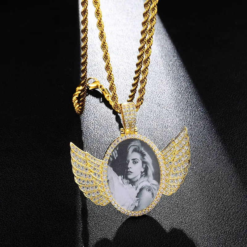 Silver Gold Custom Made Photo With Wings Medallions Can Open Pendant Necklace Cubic Zircon Men Hiphop Jewelry