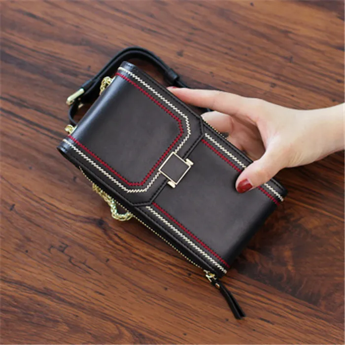 HBP Women Card holders cowskin leather mobile phone bag womens wallets Black organize sling bags Striped cell phone bags Hasp 17.5cm