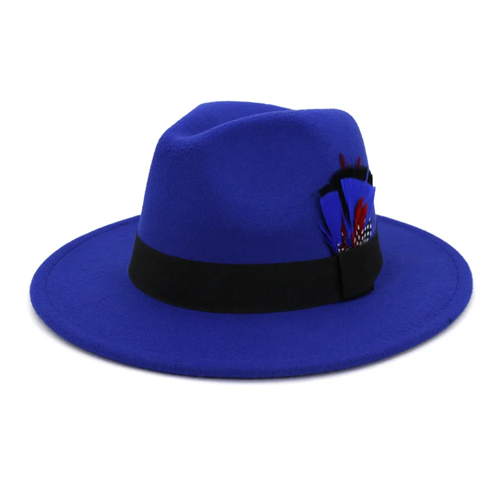 Nieuwe mannen vrouwen brede rand wol voelde Fedora Panama hoeden met riem gesp feather klassieke jazz trilby cap party formele hoge hoed