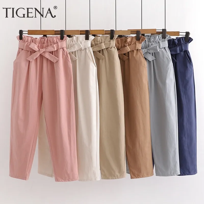 Tigena mignon Bow ceinture pantalon pour femmes été cheville longueur taille haute pantalon femmes coréen rose jaune sarouel femme 201111