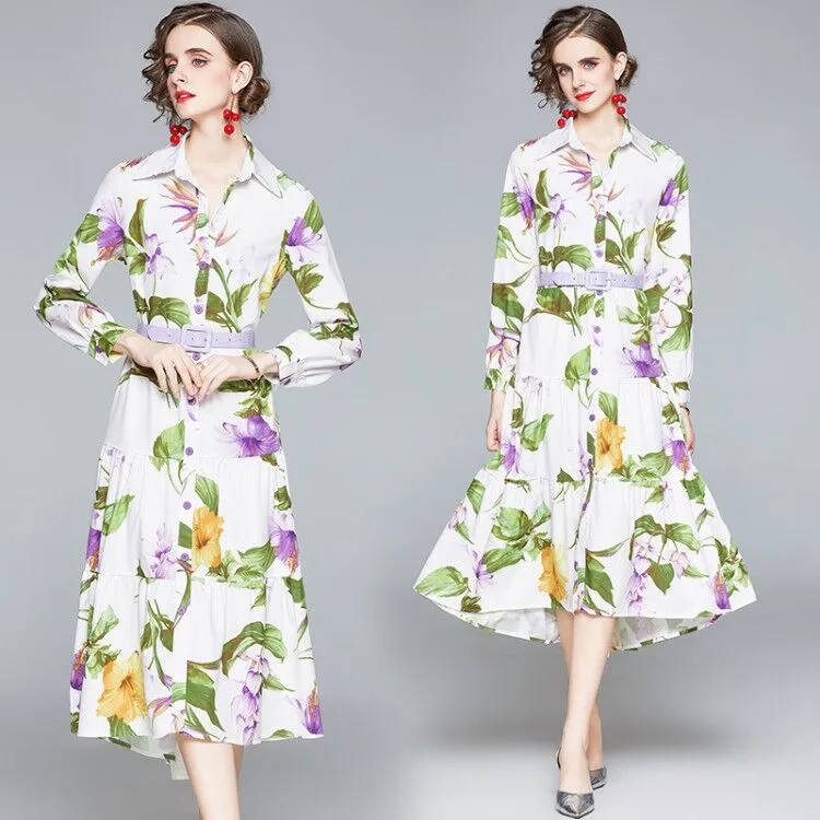 Печатные женщины платье с длинным рукавом высокого класса 2021 весенний осенняя рубашка платье мода элегантная леди MIDI платье темперамент оборки платья