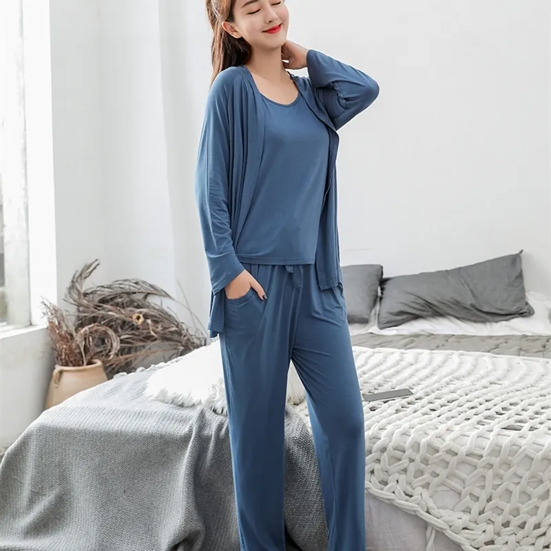Pijamas Mujeres Pijama SheIn Sleepwear Vestido Modal + Pantalones + Cardigan 3 Piezas Conjunto Mujeres Lencería Flojo Home Trajes Y200425 De 41,08 € | DHgate