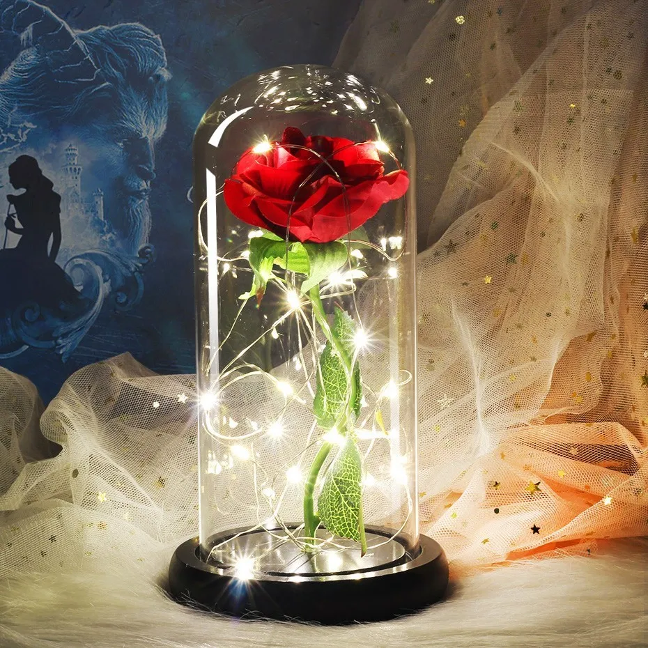 Fleur artificielle romantique dans un dôme en verre, Rose la belle et la bête, batterie LED, cadeau d'anniversaire, de saint-valentin