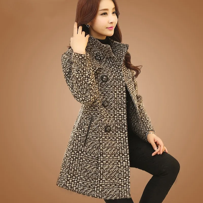 Novo Casaco Feminino Misturas de Lã Inverno Outono Moda Elegante Mãe Gola Alta Xadrez Fino Longo Tweed Lã Outerwear Feminino 201102