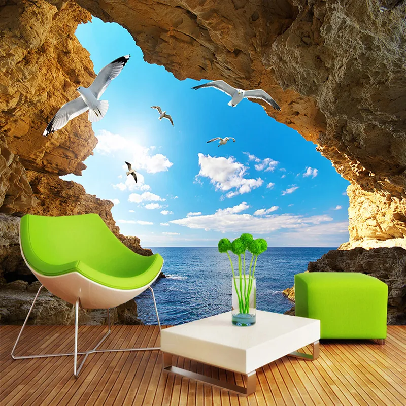 Papier peint Photo personnalisé 3D, grotte d'île de mer, ciel bleu, nuages blancs, mouettes, grandes peintures murales, décor de salon et de chambre à coucher