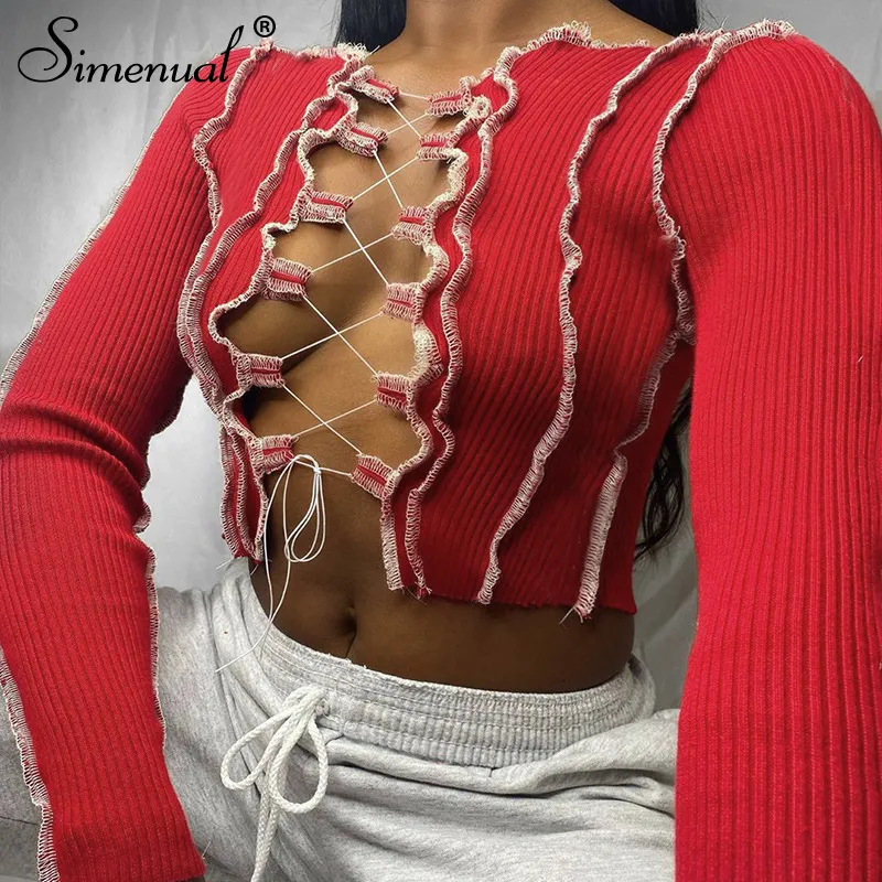 Fashion-Symenial Patchwork Lace Up Długą Rękaw Crop Topy Kobiety Kringbed Sexy Party Knitwear T-shirt Hollow Out Bodycon Club Tie Front Top