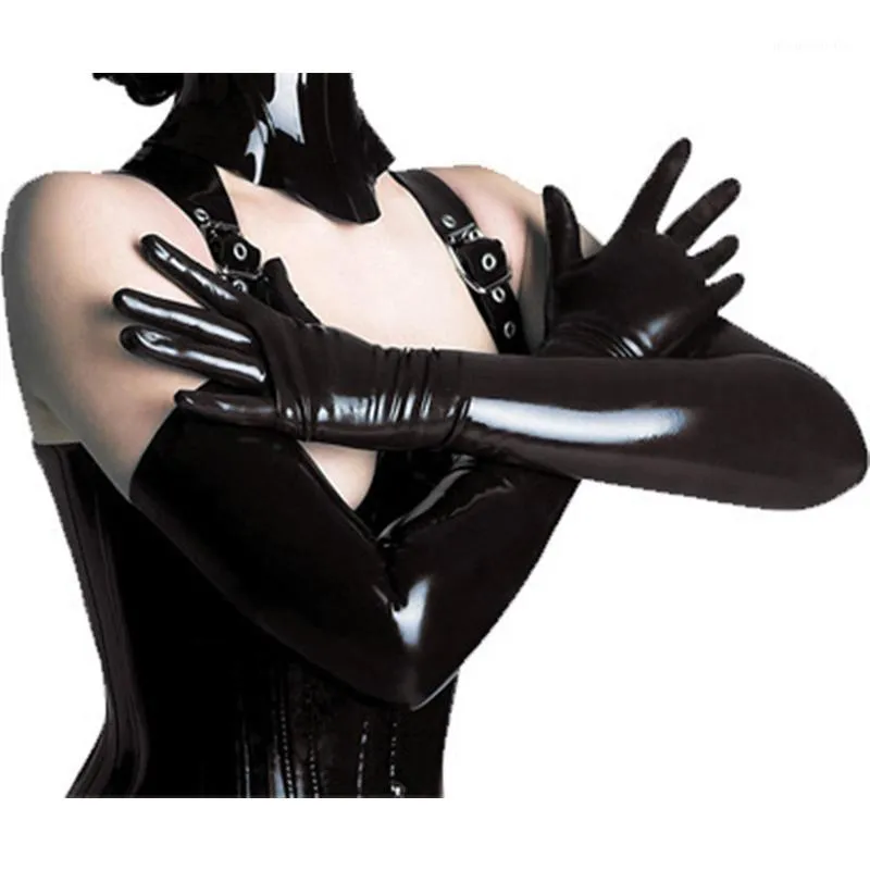 5本の指の手袋女性ラテックスレザー大人のセクシーな黒いクラブウェアキャットスーツコスプレロング62 cmワンサイズレディース服アクセサリー1