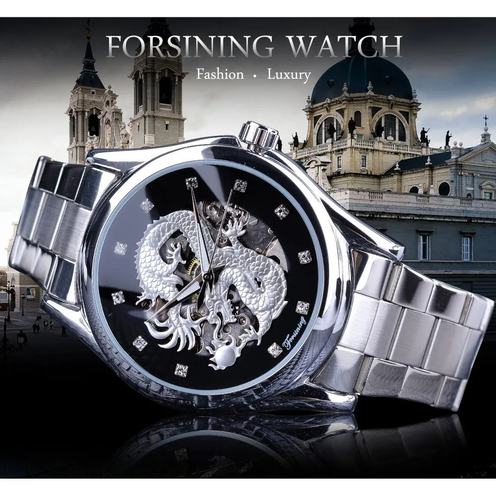 Forsining Diamond Montre Design Silver Rvs Automatic Dragon Display Mannen Homme Luxe Horloges Pols Merk Klassiek Top Staal HEQGX