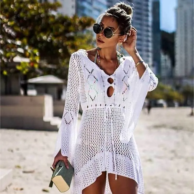 MOSHENGQI Bikini Cover Up Bathing Suit Sexy Pullover Swimsuit Knitted Swimwear Mujer Summer Beach Dress Wear Crochet See-through T200324