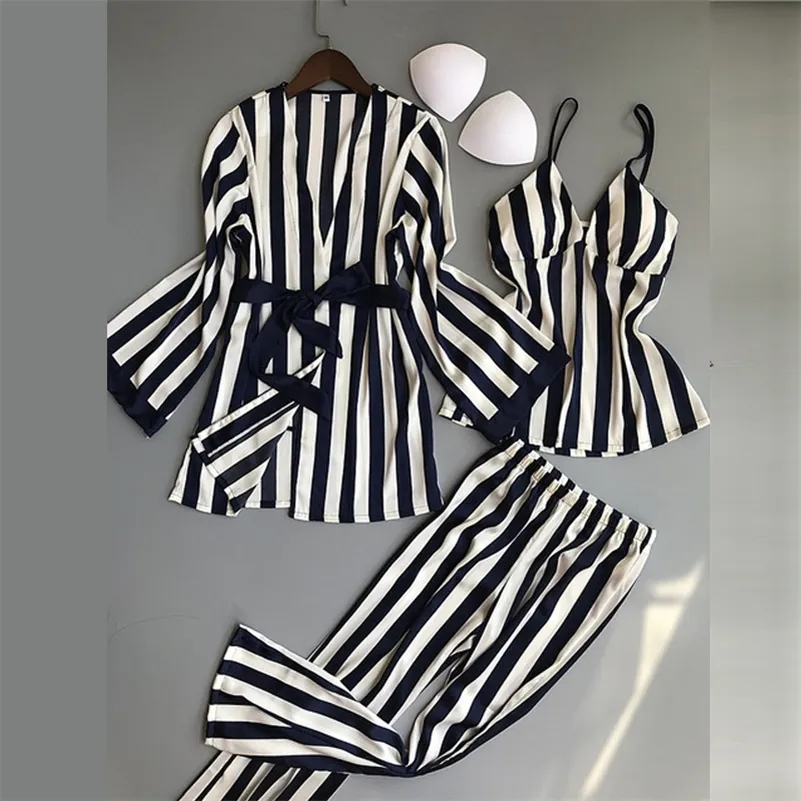 Frauen Pyjamas Sets 3 Stück Mode Spaghetti Strap Tops Satin Nachtwäsche Weibliche Streifen Langarm Sommer Hause Kleidung Pijama Y200708