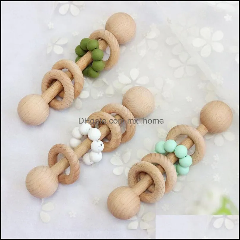 INS Baby Teethers Toys Teething Natural Wooden Ring Teether Infant kids Fingers Exercise Toy Silica gel Beaded Soother Z2062