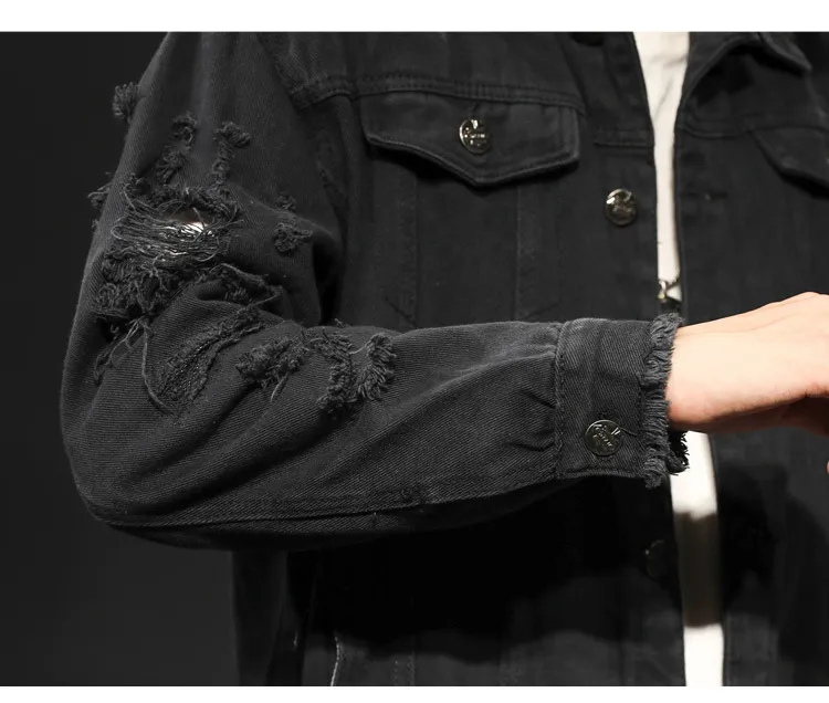 Mens Ripped Hip Hop Markham Denim Jackets With Hip Hop Holes Mens Ripped Hip Hop Markham Denim Jackets With Hip Hop Holes