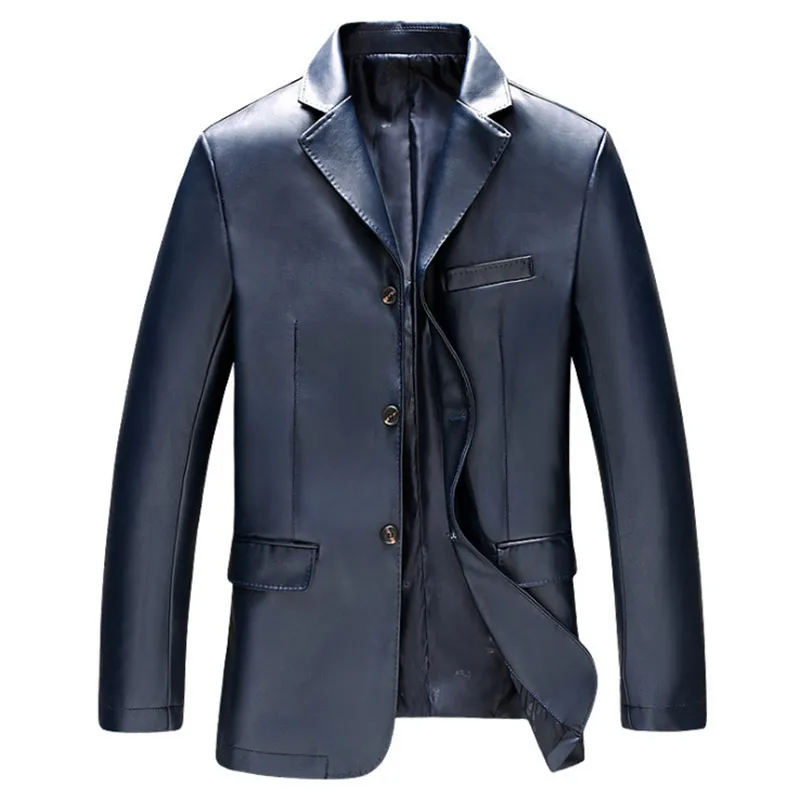 Primavera outono jaqueta de couro masculina casual pu blazer jaqueta masculina único breasted fino ajuste jaquetas de couro preto azul 220211