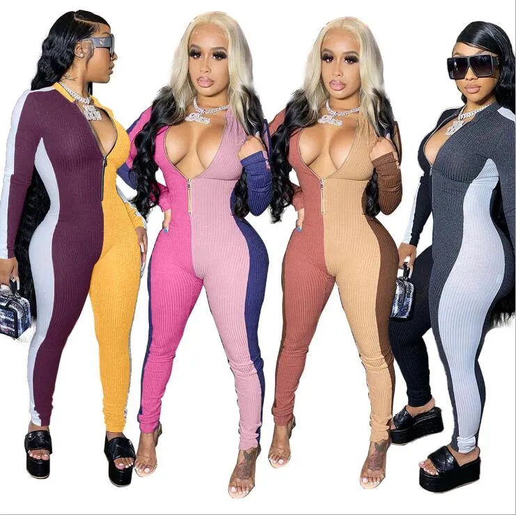 Frauen Overall Langarm Strampler Onesies Schlank Sexy Designer Spleißen Kontrast Nähte Trainingsanzug Zipper Kragen Damen Kleidung ZYY325