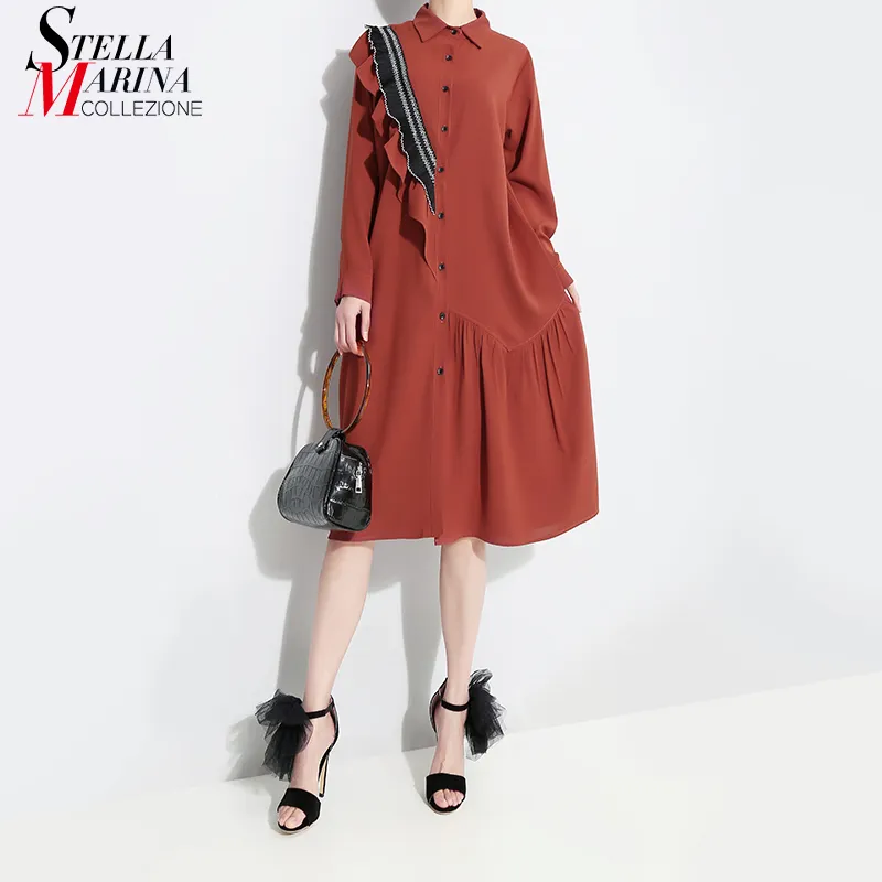 Koreanischen Stil Frauen Rot Herbst Winter Midi Hemd Kleid Rüschen Langarm Damen Elegante Plus Größe Lose Kleider Robe 4715 201125