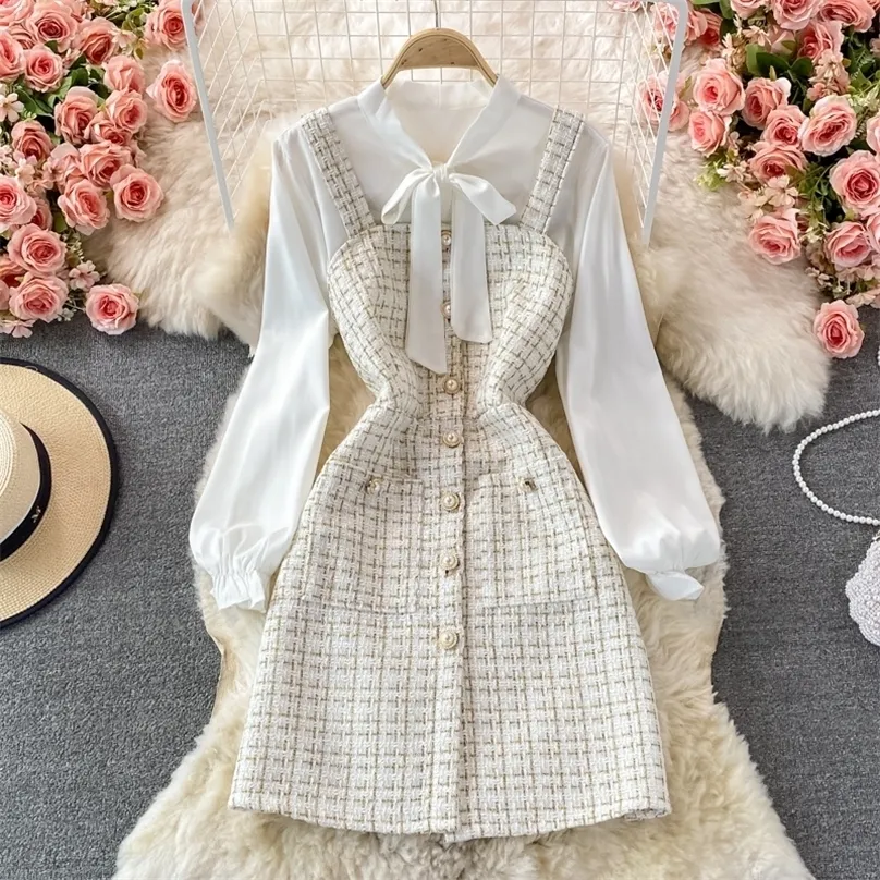 Conjunto de dos piezas para mujer, moda coreana, cuello con lazo, blusa blanca y tirantes finos, minivestido de Tweed de un solo pecho, trajes 220302