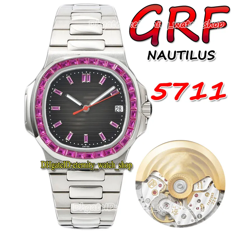 2022 GRF 5711 324SC A324 Reloj automático para hombre Ruby Iced Out T Diamante incrustado Bisel Textura gris Dial Marcadores de palo SS Pulsera de acero Super Version Relojes Eternity