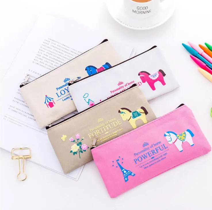 Cartoon kleine paard kawaii canvas rits briefpapier estuches school schattige potlood doos pen tassen pouch pocket portemonnee