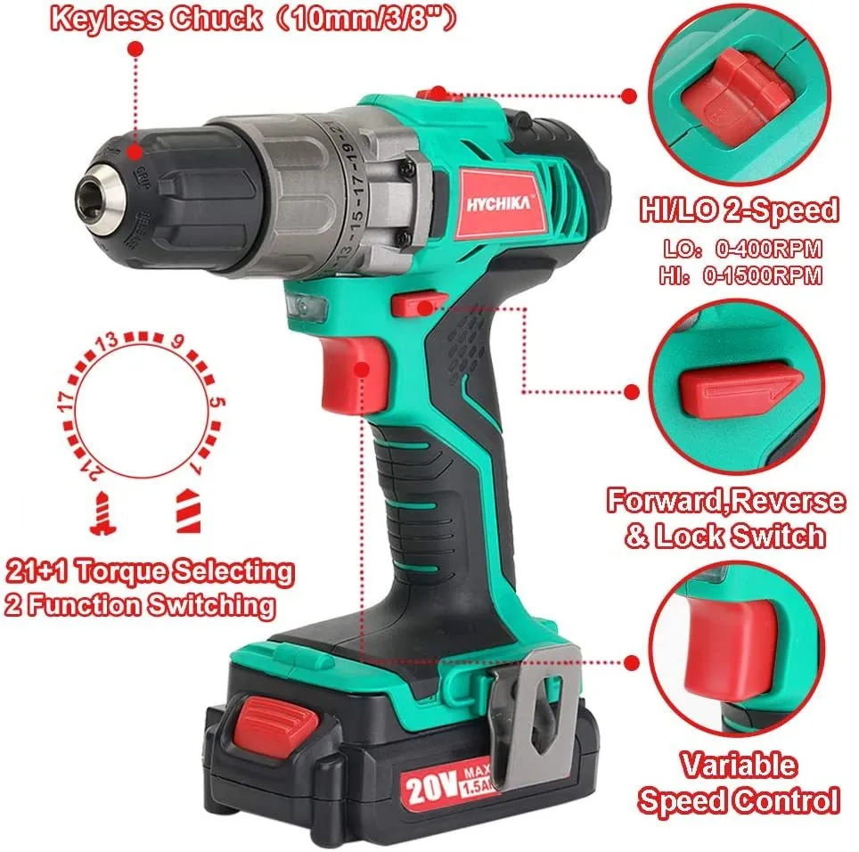 HYCHIKA 12V Double-Battery Cordless Electric Drill Electric Screwdriver  Wireless Power Driver DC Lithium-Ion Battery Drill 201225