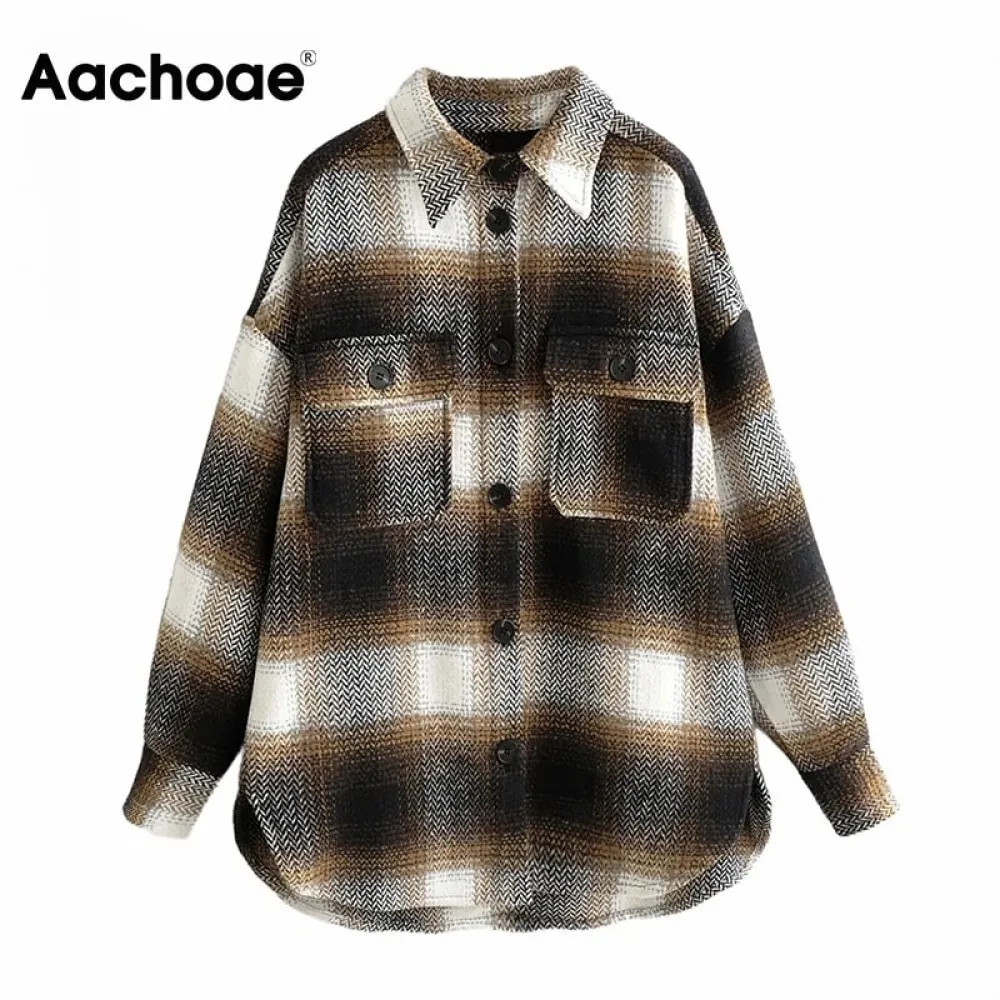 Aachoae vrouwen streetwear plaid jasje batwing lange mouw losse jas kantoor casual pocket tops dame bovenkleding herfst winter 201023