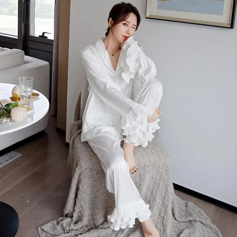 달콤한 귀여운 러프 슬리브 여성 잠옷 패션 옷깃 얇은 여자 잠옷 섹시한 실키 소녀 가정 의류 SetS01 JH