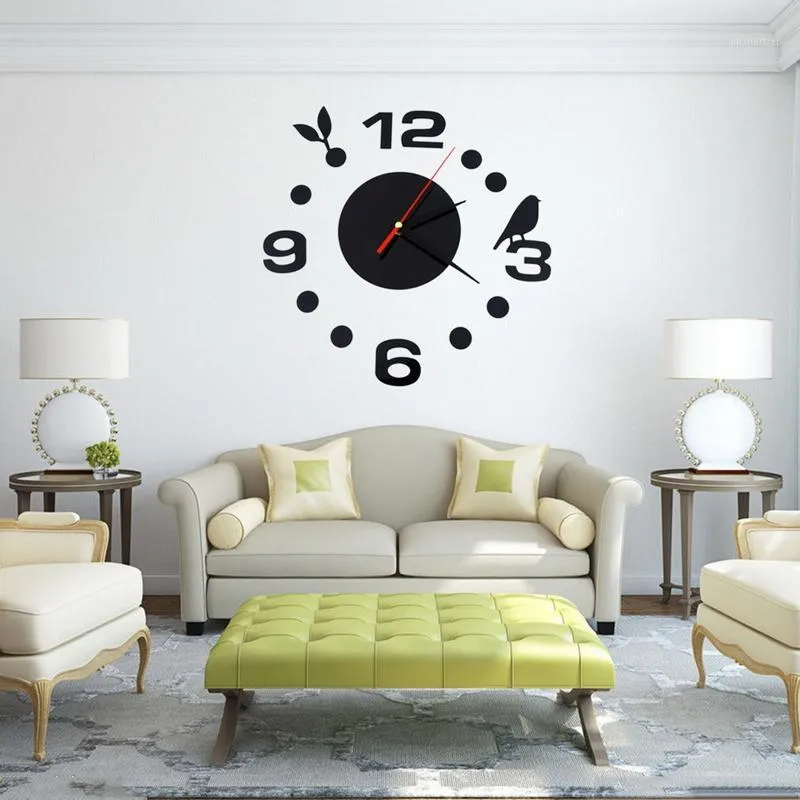 Wall Clocks Wholesale- Home Decoration Brief 3D Acrylic Living Room Clock Creative Bird DIY Stickers Black Quartz VB506 P561