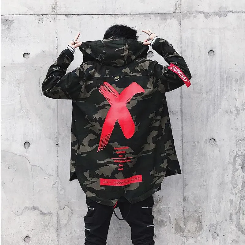 Fashion Camouflage Jackets Men High Street X Print Jackets Windbreaker Coat Hip Hop Streetwear Casual Hood Pilot Jacket Tops Men