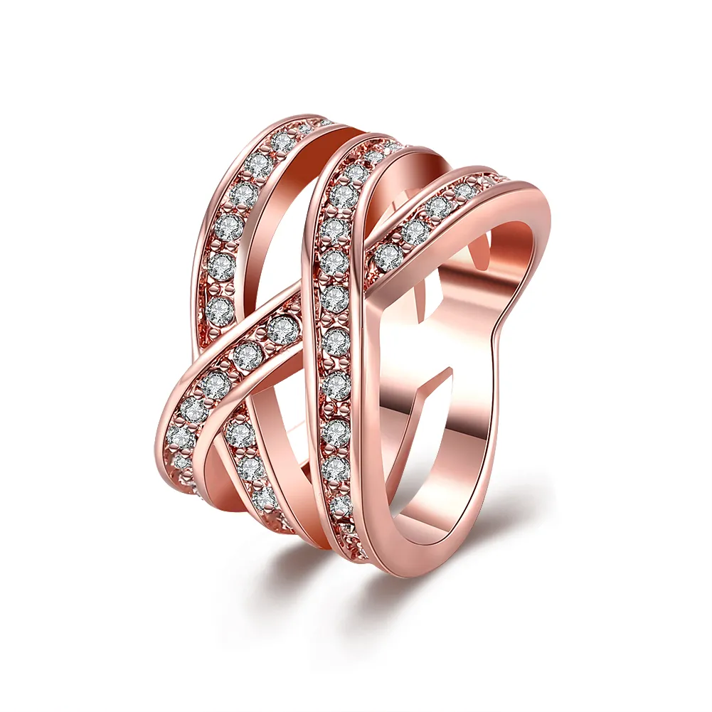 Klassisk 18K Rose Gold Plated Women Elegant Big Wedding Band Rings äkta österrikiska Crystal Fashion Costume Jewelry for Women